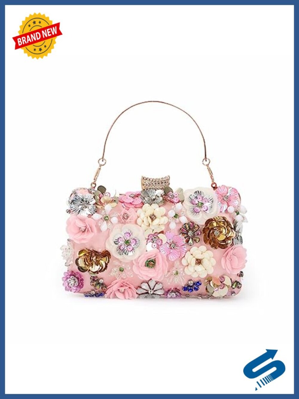 Floral Rhinestone Evening Clutch with Detachable Chain Crossbody Bag